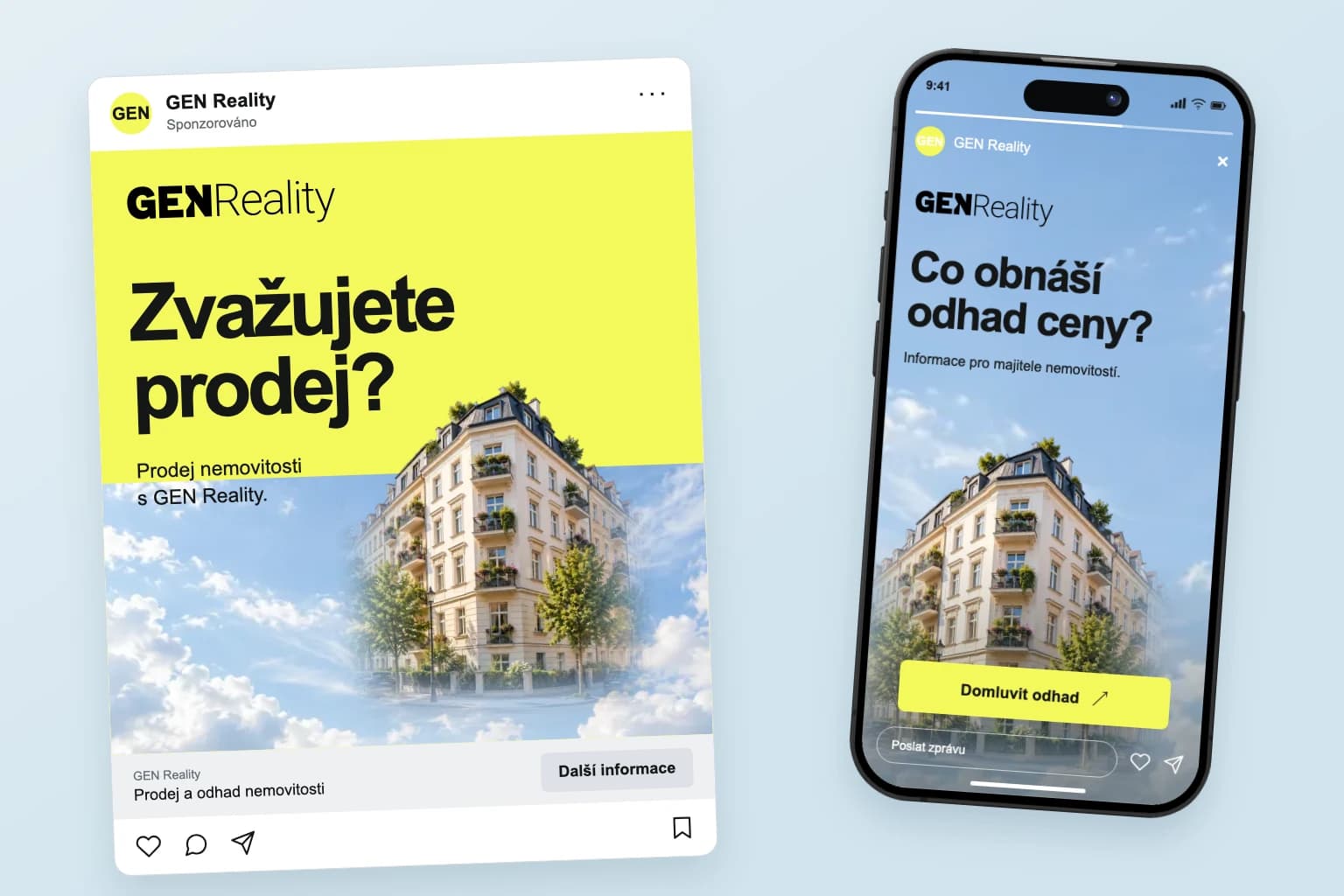 Reklamní příspěvek GEN Reality ve feedu a story v mobilu zaměřené na prodej a odhad nemovitosti