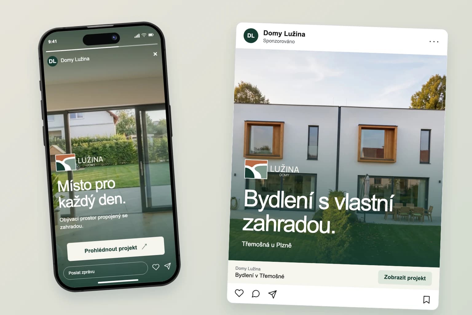 Reklama Domy Lužina s fotografií domu a interiérová story v původním iPhone mockupu